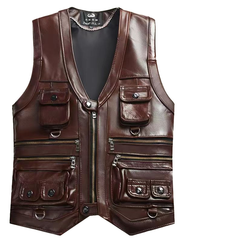 Leather Work Vest - 2023 colete de couro genuíno dos